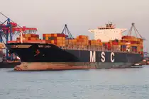 Containerfrachtschiff MSC LUCY; Eigner/Betreiber: Hapag-Lloyd; Aufnahmeort: Elbe/Hafen Hamburg, Deutschland; Datum: 29.03.2011; Info: (IMO 9289104 / MMSI 371059000). Das Bild zeigt die MSC LUCY am Containerterminal Burchardkai.