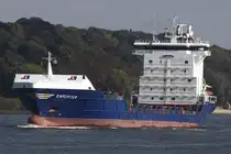 Containerfrachtschiff ENFORCER; Aufnahmeort: Elbe/Hafen Hamburg, Deutschland; Datum: 02.10.2025; Info: (IMO 9255737) Das Bild zeigt die ENFORCER beim Auslaufen vom Bubendey Ufer aus betrachtet.