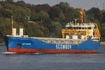 Frachtschiff  JSP HALMOE  (IMO 9968231, MMSI 255812000); Eigner/Betreiber: Scomber; Datum: 02.10.2025; Aufnahmeort: Elbe/Hafen Hamburg, Deutschland. Das Bild zeigt die JSP HALMOE vom Bubendey Ufer aus betrachtet.