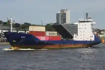 Containerfrachtschiff ORION (IMO 9143415); Datum: 17.06.2025; Aufnahmeort: Elbe/Hafen Hamburg, Deutschland. Das Bild zeigt die ORION unterhalb des Anlegers Dockland.