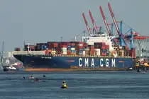 Containerfrachtschiff CMA CGM COLUMBA; (IMO 9410789); Eigner/Betreiber: CMA CGM; Datum: 02.10.2025; Aufnahmeort: Elbe/Hafen Hamburg, Deutschland. Das Bild zeigt die CMA CGM COLUMBA beim Ablegen vom Containerterminal Buchardkai.