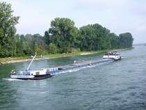 Sempachersee tuckert mit seiner Fracht Rheinabw�rts, im Hintergrund die Stahlbalkenbr�cke bei Germersheim; 080902