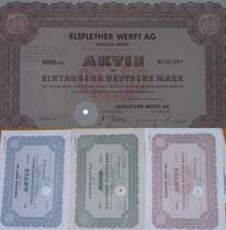 Elsflether Werft AG
Weser
Aktien zu 50/100/1000 DM
Aus meiner Papiersammlung

Entwertet und nur noch mit Sammlerwert belegt.

Demn�chst kann ich noch einige Tickets und Speisekarten zeigen.
Sollte daran Interesse bestehen.
Habe auch viel Bildmaterial ca. 1910- 1950
( jedoch nicht von mir Fotografiert ( da bin ich doch noch etwas jung f�r)