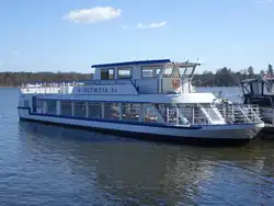 MS OLYMPIA, Flussschiff, gebaut 1983 in Tangerm�nde, L�nge 26 Meter, Volvo Penta Motor 145 PS, Zeuthener See (07.04.2026)